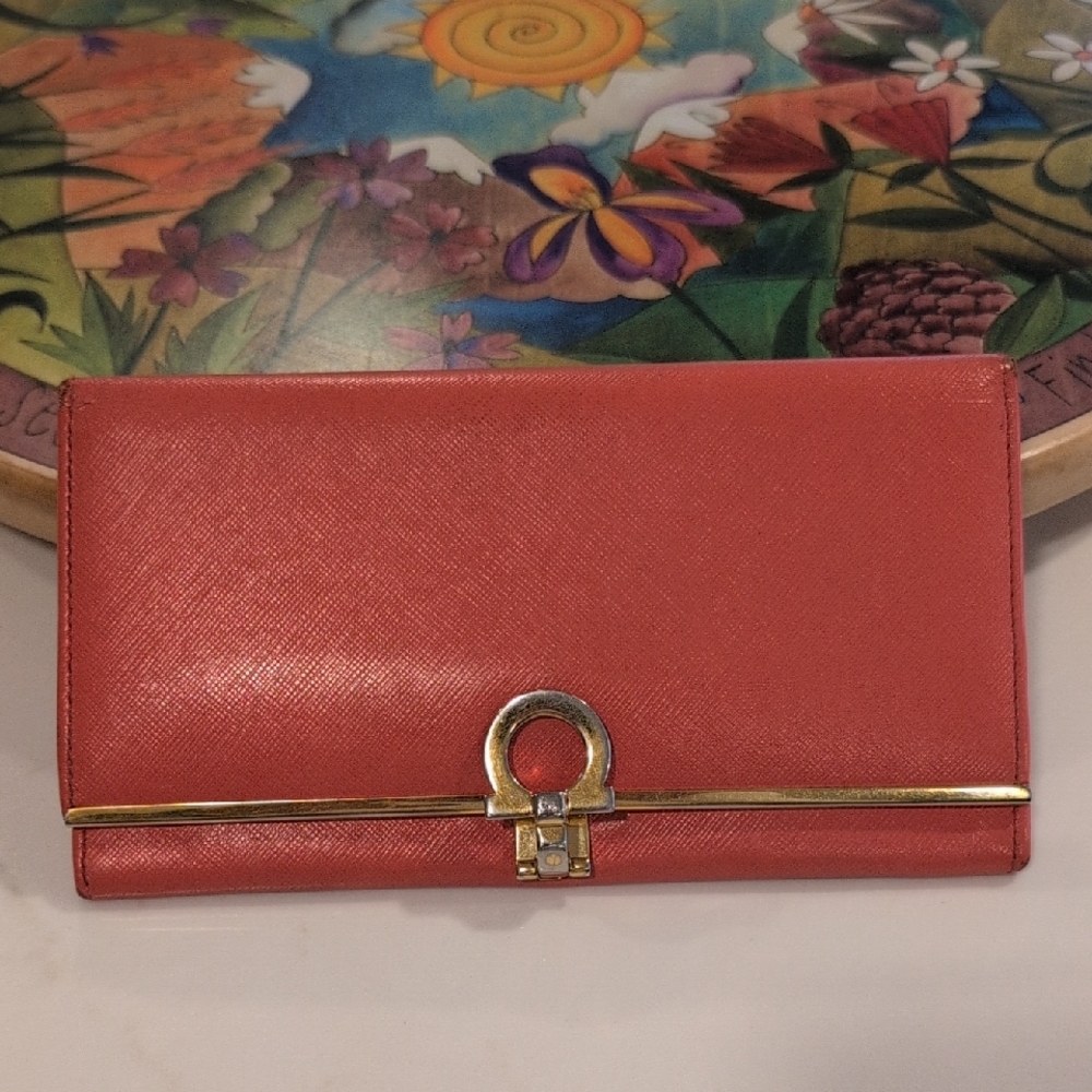 Salvatore Ferragamo Coral Leather Long Wallet With Gold Hardware Accents